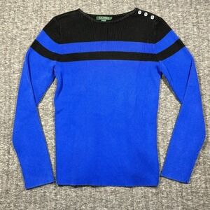 VTG Lauren Ralph Lauren‎ Ribbed Block Striped Sweater Large Blue Black Nautical